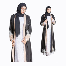 Modesta moda dubai fantasia muçulmano aberto muçulmano dress vestido pérola mulheres preto kimono dubai abaya